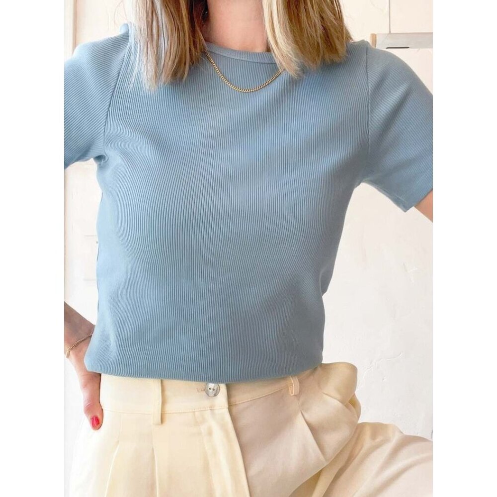 Donni. Rib Sky Blue Short Sleeve Cotton Blend Tee Women's Small S - Picture 2 of 7